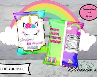 EDITABLE, Unicorn Party, Unicorn Party, Chip Bag Template, Unicorn Birthday Party- YOU PRINT