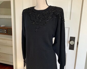 Black Dress, Vintage Evanna Dress Size 6, Vintage Wool Dress by Evanna, Lovely Cocktail Dress in Soft Woven Wool with Sequin Embellishments