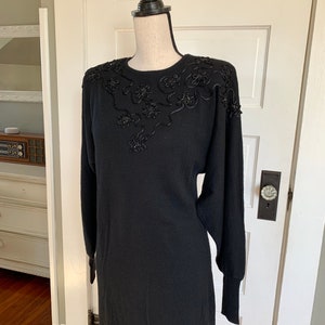 Black Dress, Vintage Evanna Dress Size 6, Vintage Wool Dress by Evanna, Lovely Cocktail Dress in Soft Woven Wool with Sequin Embellishments