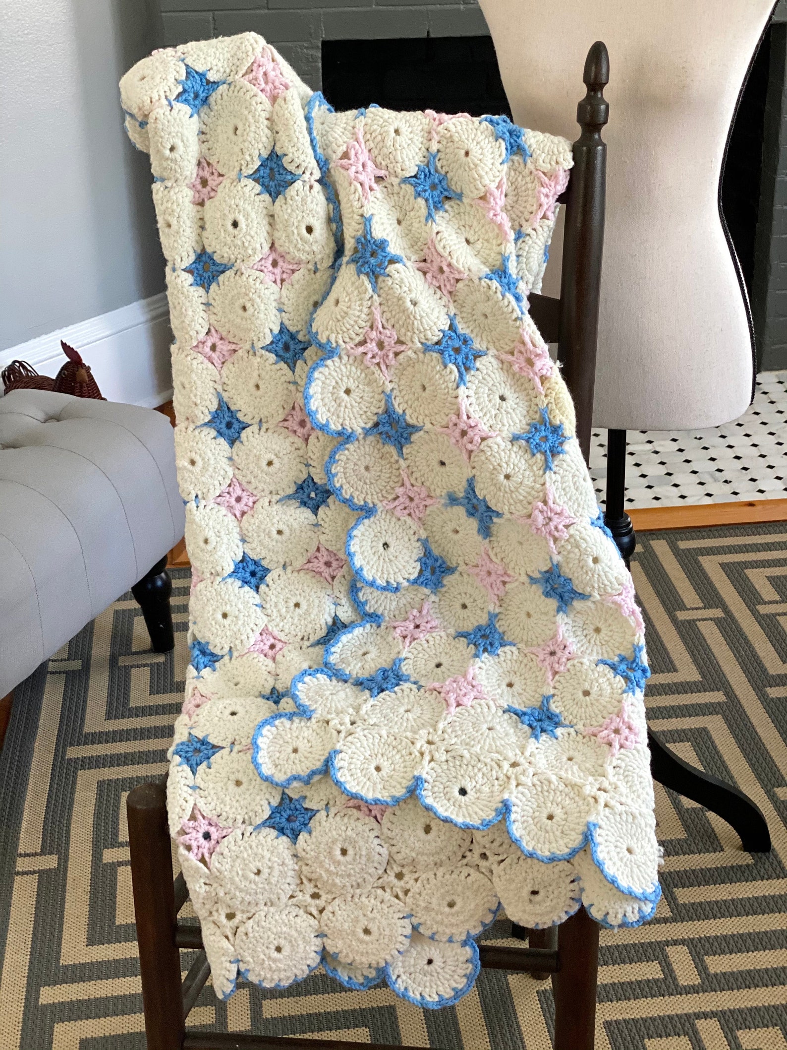 Baby Blanket, Vintage Handmade Pink and Blue Baby Blanket, Vintage