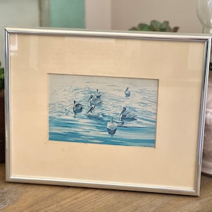 Pelican Print, Vintage Framed Pelican Print Pelicans in Water, Vintage Decor, Nautical Decor, Seaside Decor, Beachy Decor