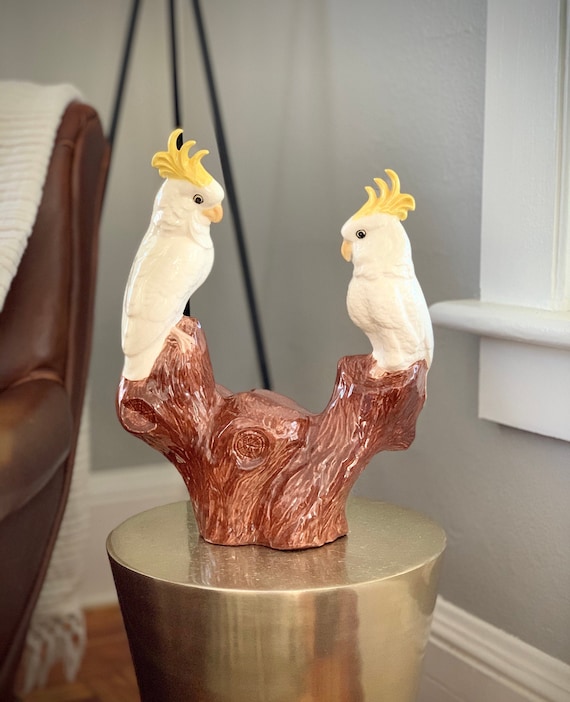Statue, Vintage Midcentury Modern Ceramic Statue of Two Cockatoos on a Branch, Vintage Decor, Retro Decor, Vintage Style, Boho Decor