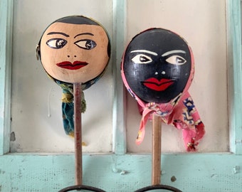 Maracas, Vintage and Handmade Coconut Maracas from Bermuda, Vintage Painted Ladies Maracas from Bermuda, Vintage Kitsch Decor, Novelty Decor