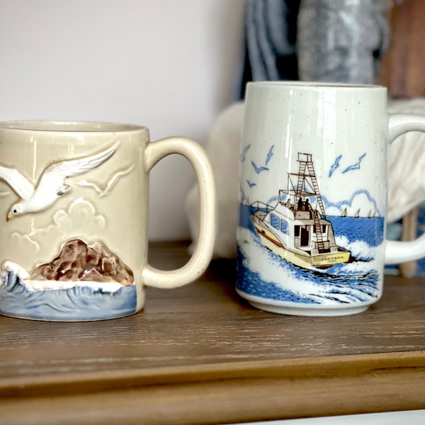 Ceramic Pottery Mugs, Vintage and Handmade Coffee Mugs w Seaside Designs Ocean and Gulls, Nautical Kitchen, Seaside Decor, Gift for Couple