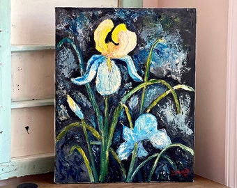Oil Painting, Vintage Oil Painting of Blue Iris Wildflowers, Signed Oil Painting, Vintage Art, Vintage Wall Decor, Vintage Floral Decor
