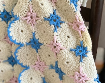 Baby Blanket, Vintage Handmade Pink and Blue Baby Blanket, Vintage Crochet Knit Blanket, Vintage Baby Gift, Nursery Decor, Baby Shower Gift