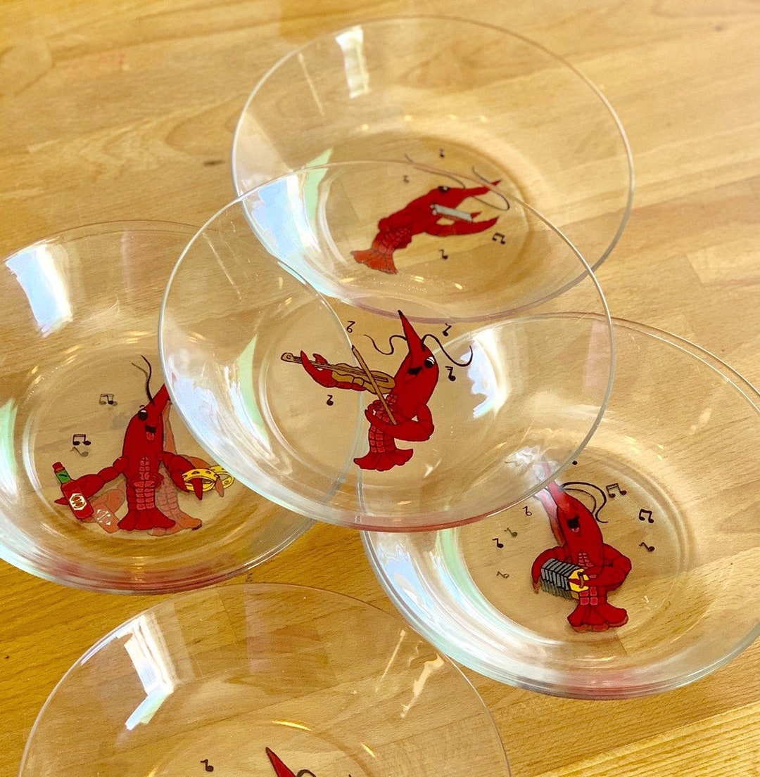 Seafood bowls, Vintage Set of 7 Seafood Serving Bowls, GLCOLOC France Glass Bowls, Vintage Serving Bowls with Hand Painted Musical Shrimps