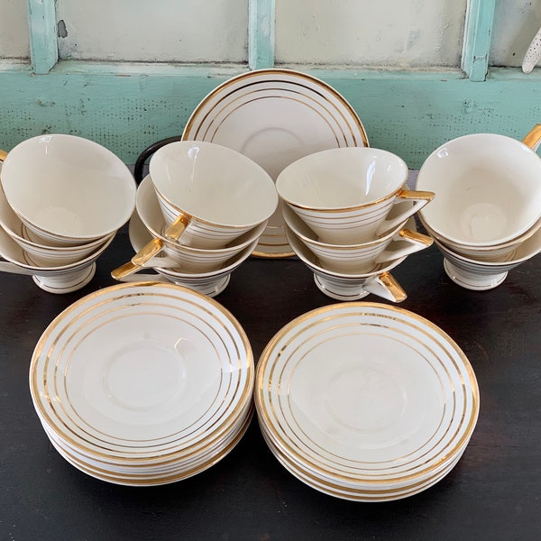 Century Ware by Salem STREAMLINE by Salem, Art Deco China Set or Sold Separately 12 Cups and 12 Saucers, 23k Gold Plated Teacups and Saucers