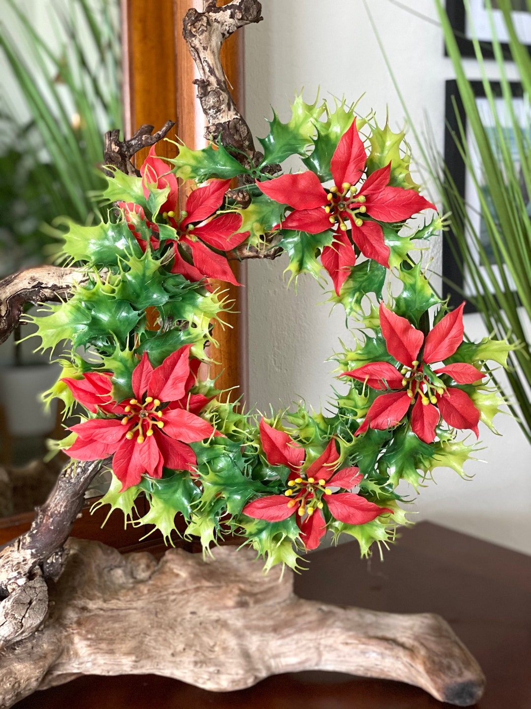 Wreath, Vintage Christmas Wreath, Vintage Plastic Poinsettia Christmas