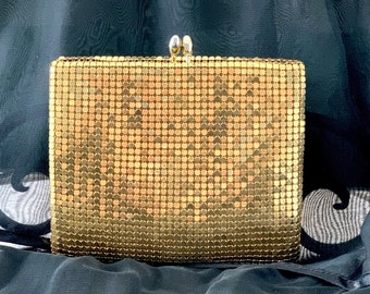 Clutch, Vintage Whiting and Davis Golden Sequin Clutch Wallet, Shimmery Gold Expanding Clutch w Multiple Compartments, Formal Handbag Clutch