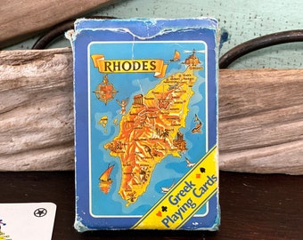 Baraja de cartas griegas antiguas con la isla de Rodas, baraja vintage con mapa de la isla griega de Rodas, regalo de viaje