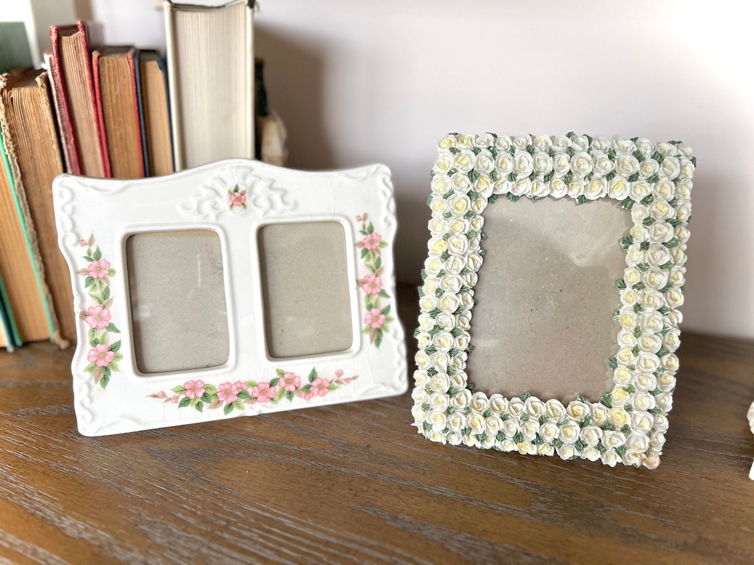 Vintage Pair of Floral Picture Frames, Ceramic Floral Frames, Shabby
