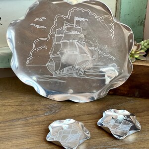 Serving Tray & Coaster Set, Vintage Mid-Century Wrought Aluminum Serving Tray w Sailing Ship Design, Home Decor, Bar Display, Vintage Gift