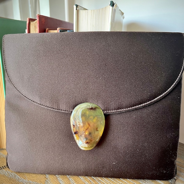 Clutch Handbag, Vintage Clutch with Hide Away Strap, Elegant Brown Brushed Satin Clutch w Chain Strap, Vintage Handbag, Vintage Accessory