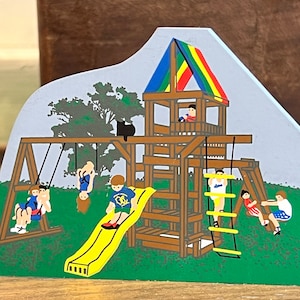 Cats Meow Mini House Accessory Kids Playing on Playground called Swingset, Vintage House Decor, Vintage Collectable, Mini Village image 1