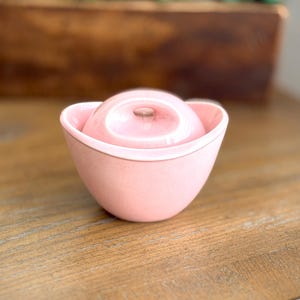 May include: A small, light pink ceramic sugar bowl with a matching lid. The bowl features a smooth, rounded body with a slightly flared rim and a domed lid that sits securely inside the top opening, creating a cohesive and simple kitchen vessel.
