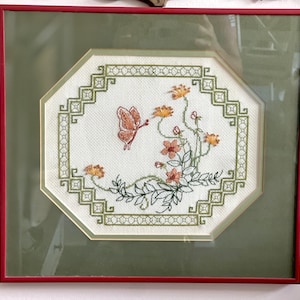 Wall Decor, Vintage and Handmade Cross Stitch Butterfly w Pretty Flowers, Shabby Chic, Farmhouse, Homestead, Vintage Home Decor, Gift