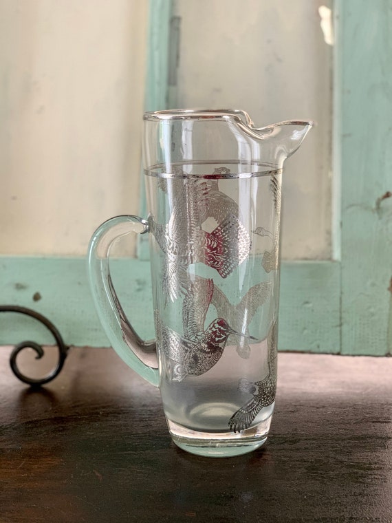 Pitcher, Vintage Glass Cocktail Pitcher With Silver Birds of Prey Pattern,  Vintage Bar, Midcentury Bar Display, Vintage Serving Pitcher 