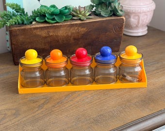 Spice Rack, Vintage Mod Spice Rack, Multi Colored Spice Jars w Colorful Lids and Wall Mountable Shelf, Trinket Jars, Unique Gift, Storage