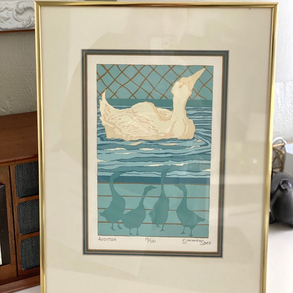 Serigraph, Vintage Serigraph - Audition by David Simmons, Vintage Art featuring Geese, Vintage Wall Decor, Framed and Ready to Hang