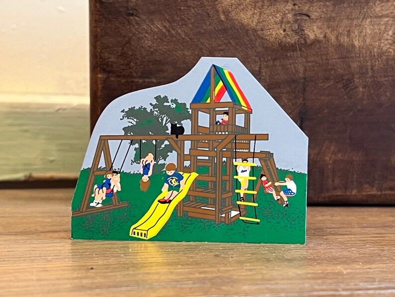 Cats Meow Mini House Accessory Kids Playing on Playground called Swingset, Vintage House Decor, Vintage Collectable, Mini Village image 2