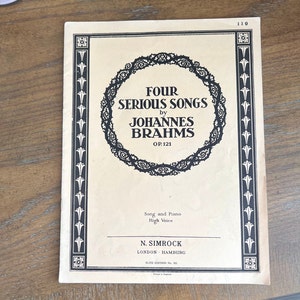 Music Book, Vintage 1896 Four Serious Songs by Johannes Brahms Song and Piano Music, Classical Piano Music Book, Gift for Music Lover