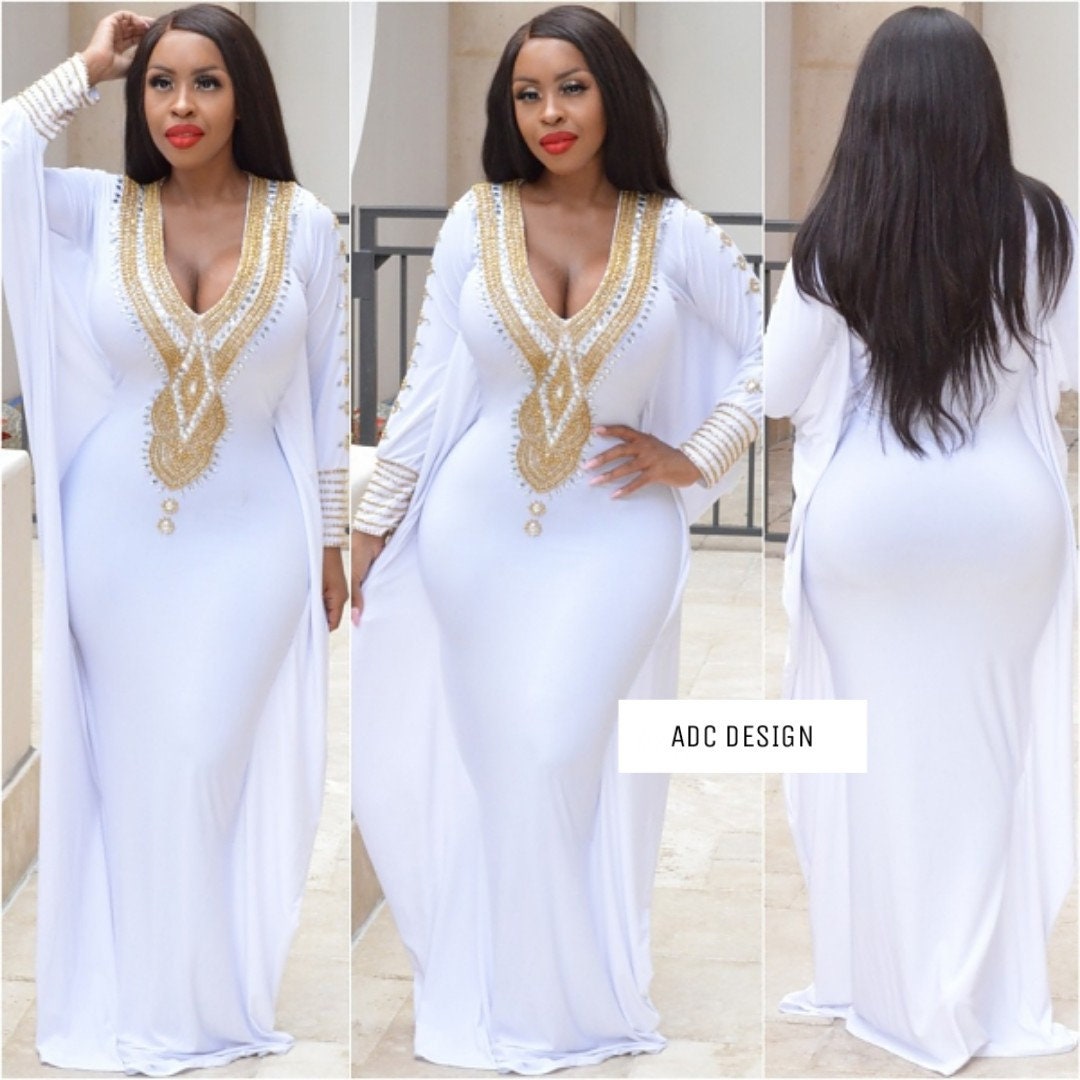 Zoya Kaftan Dress ( White ) for baby shower , bridesmaid, halloween p…
