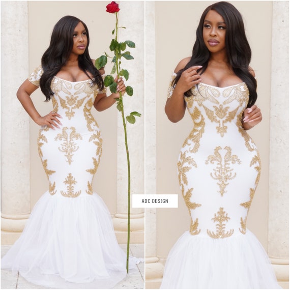 white and gold prom dress