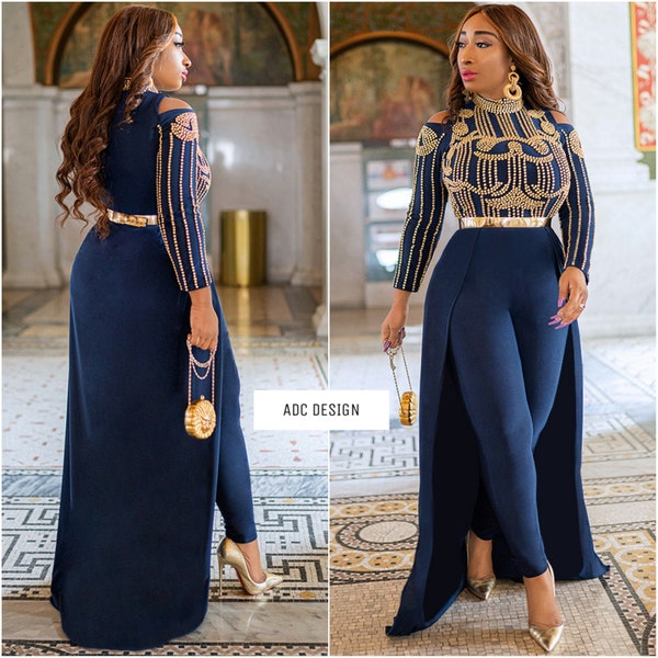 Majesty Cape Jumpsuit  ( Navy Blue ) for Baby shower, Easter , bridesmaid, homecoming, prom and wedding guest.