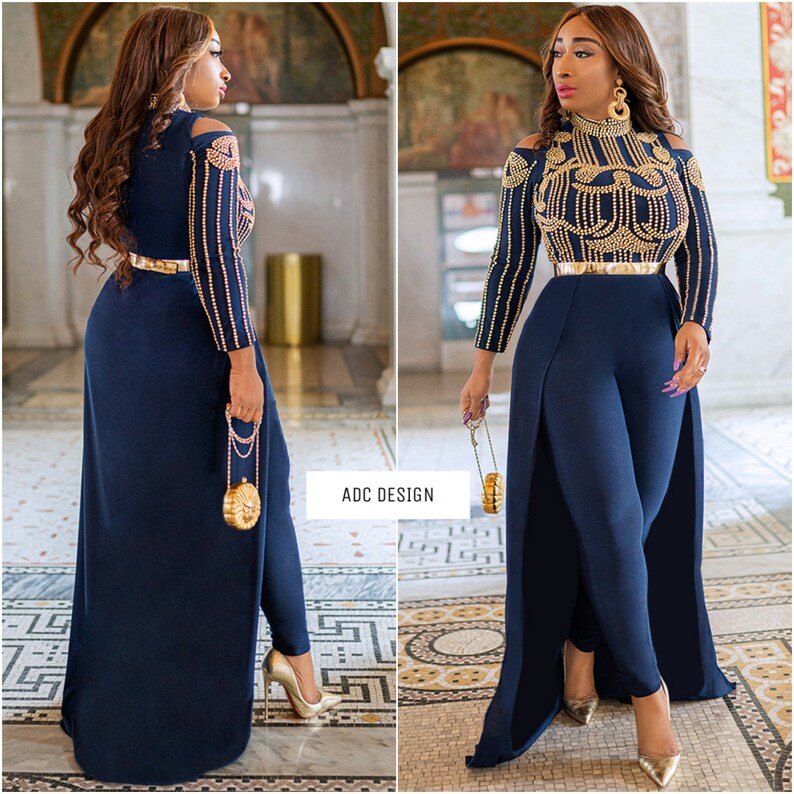 Majesty Cape Jumpsuit Navy Blue for Baby shower, Easter , bridesmaid, homecoming, prom and wedding guest. image 1