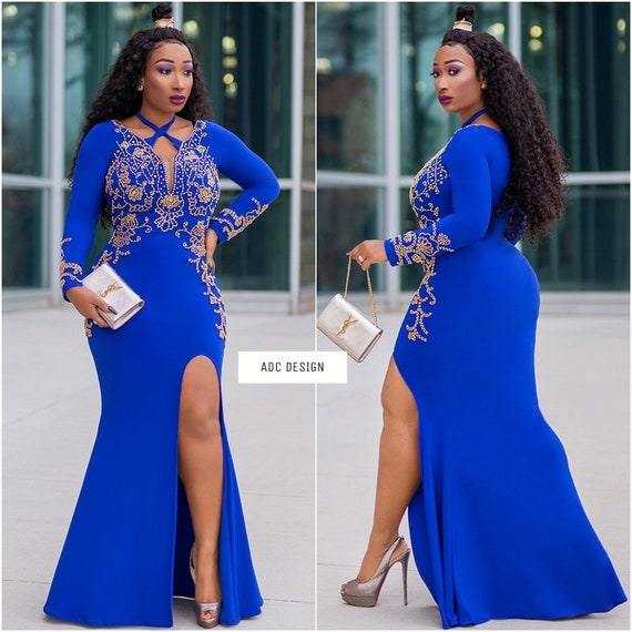 Promfast Off Shoulder Blue Gold Lace Prom Dresses, Long Lace Formal Ev