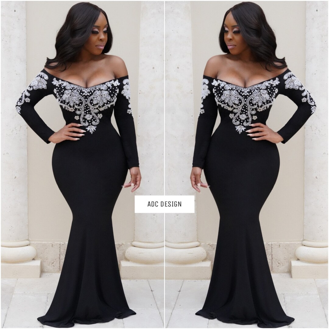 Emanuella Black With Silver Beads Evening Gown / Prom / Kaftan / Abaya ...