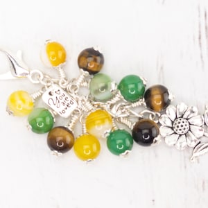 Sunflower Planner Charm with Green, Brown, Yellow Gemstones, Agate Beads, Purse Charm, Gift for Plant Lover, Planner Accessory, Spine Dangle