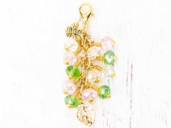 Designer Inspired Sparkling Monstera Leaf Planner Charm with Pink and Green Crystals, Handmade Gift for Her