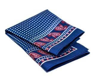 Silk Pocket Square - Navy With White Dots And Red Paisley Border