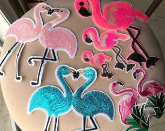 Assorted, IRON-ON, Embroidered, Sequinned, FLAMINGOS! Pretty colours!