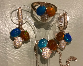 Alluring and Attractive, 14K Rose Gold Plated, Solid Sterling Silver, GENUINE, Unheated, Orange and Blue OPAL, CZ Jewellery set. Top quality