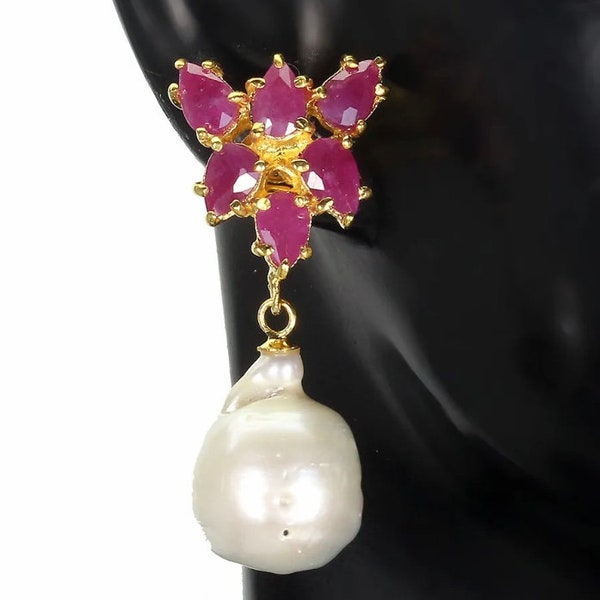 Assorted, 14K Yellow Gold plated Solid Sterling Silver, Genuine, Unheated, EMERALD/Pearl AND, RUBY/Pearl, Top Quality Earrings.