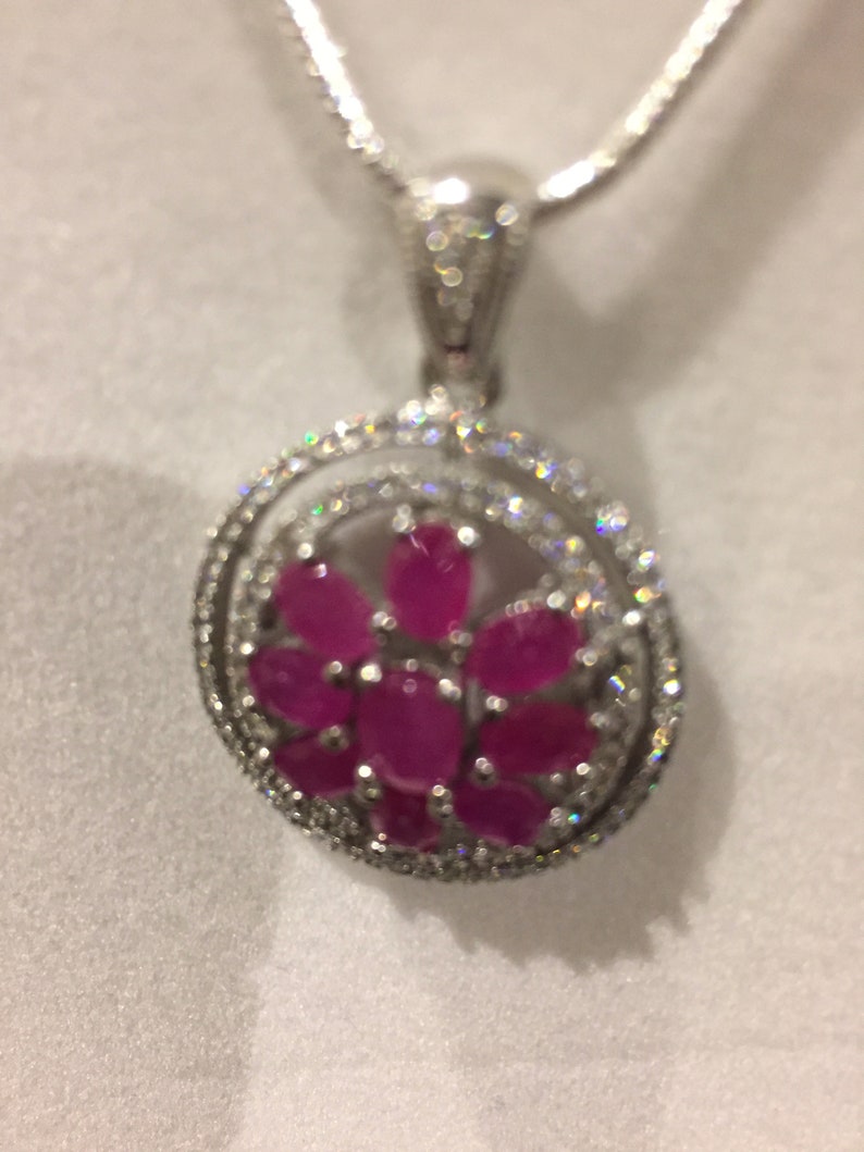 SENSATIONAL Sterling Solid Silver Chain Necklace With Classy ROSE RED Ruby and Cubic Zirconia Solid Sterling silver Pendant.