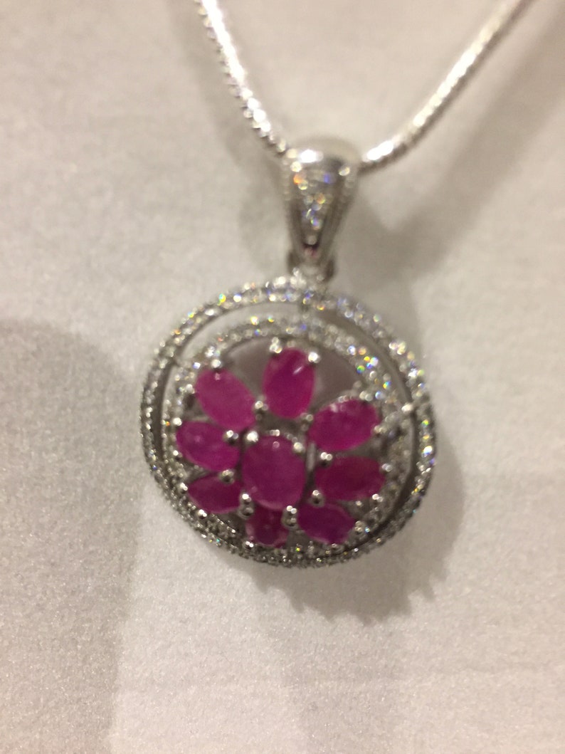 SENSATIONAL Sterling Solid Silver Chain Necklace With Classy ROSE RED Ruby and Cubic Zirconia Solid Sterling silver Pendant.