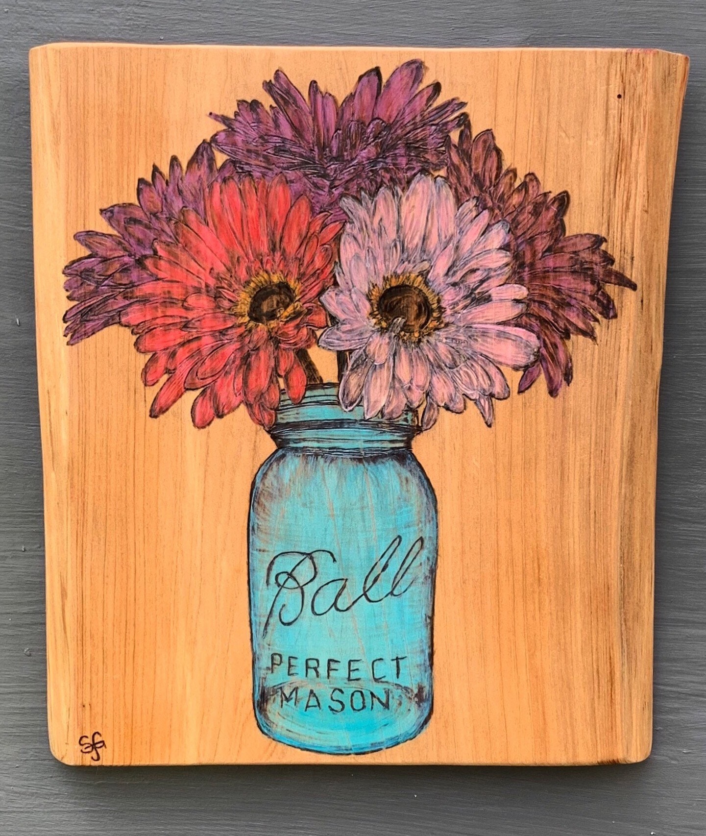 Wood burning Gerbera daisies in mason jar | Etsy