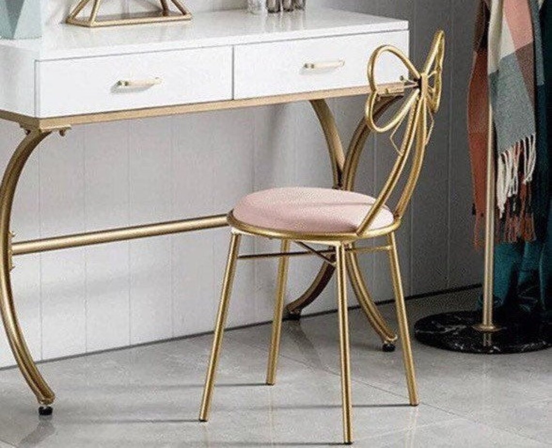 Pink Velvet Vintage Bow Dressing Table Chair Retro Style Gold Etsy