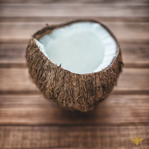 Puede incluir: Un coco partido por la mitad con un interior blanco, sobre una superficie de madera.