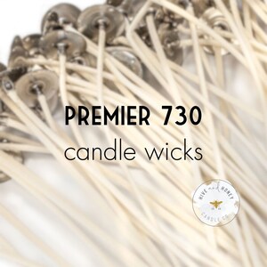 Peut inclure: Gros plan sur un paquet de mèches de bougie blanches avec des embouts métalliques. Le texte "PREMIER 730 candle wicks" est imprimé en noir sur fond blanc. Un petit logo pour "Hive and Honey Candle Co." est dans le coin inférieur droit.