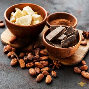 Puede incluir: Primer plano de un cuenco de madera lleno de nibs de cacao, junto a un cuenco de madera lleno de polvo de cacao y un cuenco de madera lleno de trozos de chocolate negro rotos.