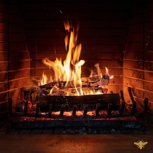 May include: A brick fireplace with a roaring fire. The flames are orange and yellow and are licking up the logs in the fireplace. The fireplace is surrounded by brick and has a metal grate.