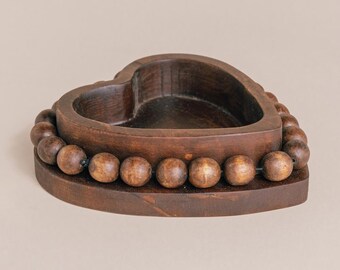 Acacia Wooden Dough Bowl | Beaded Heart Dough Bowl | Candle Holder | Rustic, Wedding Decor | Candle Making Vessel | 12 oz Candle Holder