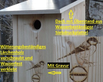 Kohlmeise witterungsbeständig imprägniertes Premium Nistkasten Natur Lärchenholz nach Nabu  32mm Einflugloch, mit Befestigungsmaterial