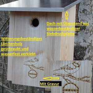 Blue Premium nature larch wood nestbox untreated according to Nabu Blue 28 mm entry hole, weatherproof,with fastening material