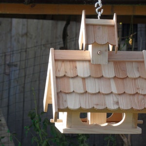 Weather resistant Impregnated aviary Larch wood feeder with feed silo for hanging and placing image 2